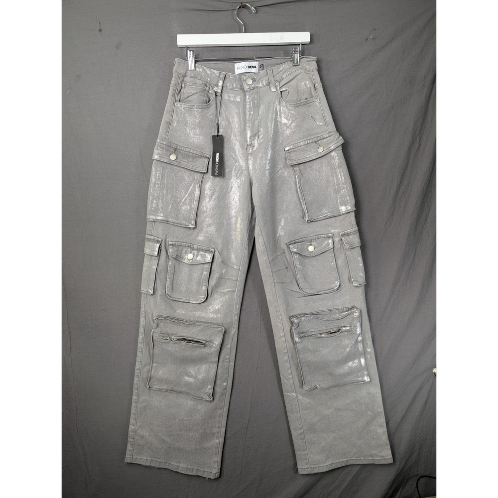 Fashion Nova Time To Shine Foil Baggy Cargo Jeans Silver Metallic   Size 11
